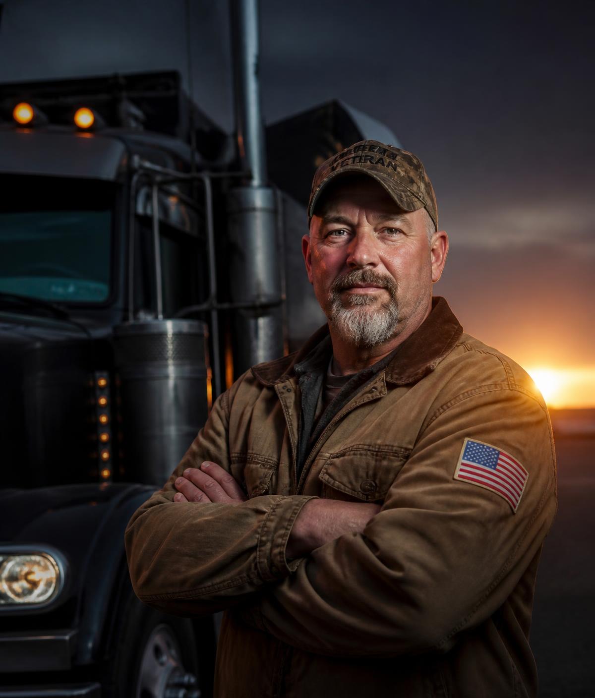 Veteran owner standing beside his truck at dawn